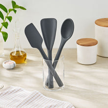 3-piece silicone kitchen tools set with three gray spatulas in clear holder