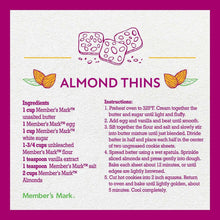 Almond thins recipe card with ingredients and baking instructions