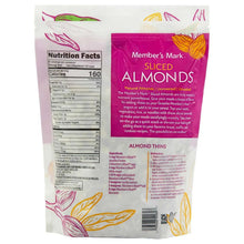 Back label on sliced almonds pouch with nutrition facts, ingredients, and directions