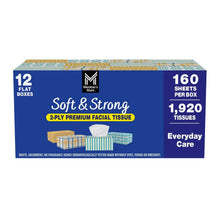 Soft & Strong 2-ply premium facial tissue box set, 12 flat boxes, blue design