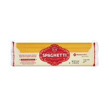 Spaghetti pasta bag with yellow-gold noodles and red front label