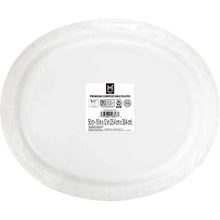 Plain white oval paper plates with label, 50 count