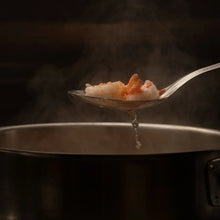 Stainless steel kitchen spoon lifting diced food from a pot