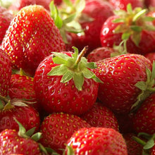 Close-up of red strawberries with green stems and leaves