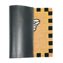 Rolled coir doormat with yellow-and-black checker trim and bee design panel