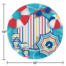 10-inch round beach-themed paper plate with umbrellas, sunglasses, flip-flops and striped print