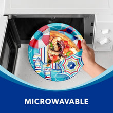 Round beach-themed paper plate holding pizza, printed with umbrellas and sunglasses