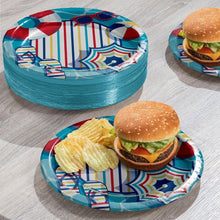 Stack of round beach-pattern paper plates with flip-flops, umbrellas, and striped design
