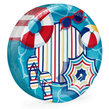 Round beach-themed paper plate with umbrellas, sunglasses, flip-flops and striped print