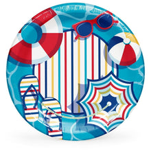 Round beach-themed paper plate with umbrellas, sunglasses, flip-flops and striped design