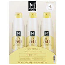 SPF 50 sunscreen spray 3-pack, bottles with yellow caps and Broad Spectrum SPF 50