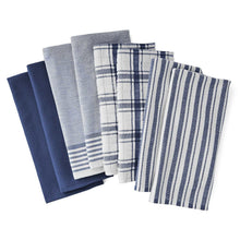 Kitchen towel set, 8-pack: navy, light blue, white stripes and checks