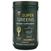 Green dietary supplement powder tub with black lid, Super Greens label, 48 servings