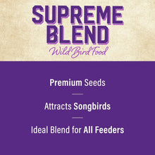 Wild bird food bag label: Supreme Blend, Premium Seeds and attracts songbirds