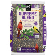 Wild bird food bag Supreme Blend, purple and tan with seed and bird graphics