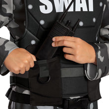 Children's SWAT costume vest detail with snap buttons and front utility straps