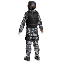 Children's SWAT camouflage jumpsuit with black tactical chest vest and face mask