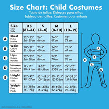 Child costume size chart with measurement table for XS to L