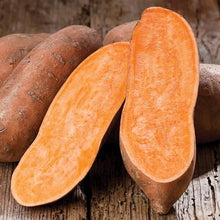 Fresh sweet potato tuber slices with orange flesh and brown, speckled skin