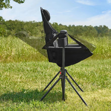 Swing lounger camp chair side view with black fabric, cup holder, and side zip pocket.