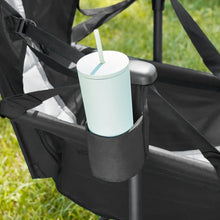 Swing lounger camp chair arm pocket with black storage and a cup holder.