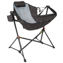 Swing lounger camp chair with black fabric, light gray back panel, and cup holder.