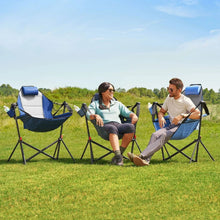 Swing lounger camp chair set outdoors with two blue chairs and black frames.