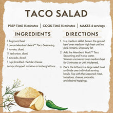 Taco salad recipe card with ingredients list and step-by-step directions