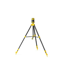 Telescoping tripod sprinkler with adjustable black legs, yellow collar, and small spray head