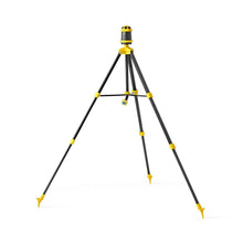 Telescoping tripod sprinkler stand with black legs and yellow joints, compact spray top