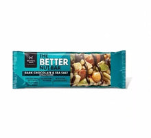 Dark chocolate and sea salt nut bar in teal wrapper