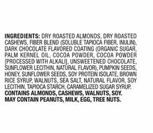 Ingredients list for dark chocolate and sea salt nut bar