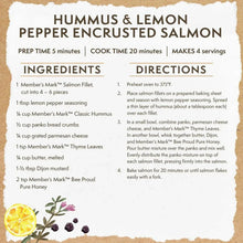 Hummus & lemon pepper encrusted salmon recipe card with ingredients and directions.