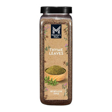 Thyme leaves seasoning jar with black lid and brown speckled texture label front.