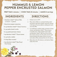 Hummus & lemon pepper encrusted salmon recipe card with ingredients list and directions.