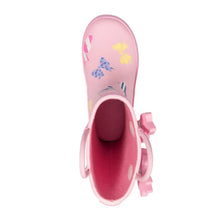 Girls pink rain boot with interior lining, bow strap detail on the heel, side print