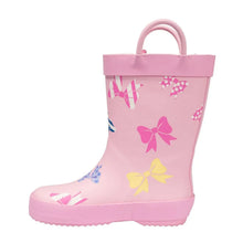 Girls pink rain boot with allover bow and ribbon print, wide top handle strap