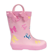 Girls pink rain boot with bow accents and colorful bow and ribbon prints, scalloped sole