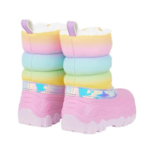 Toddler snow boots, rainbow gradient pair, lace-up style and faux-fur cuff