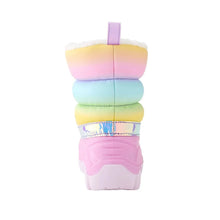 Toddler snow boots with rainbow stacked panels and purple pull strap