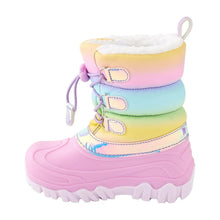 Toddler snow boots with rainbow upper, lace-up, purple pull tab, faux-fur collar
