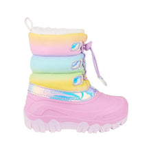 Toddler snow boots with rainbow straps, lace-up, faux-fur collar, chunky winter sole