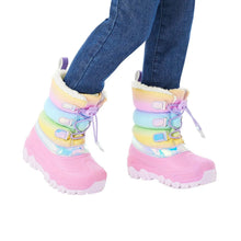 Toddler snow boots in rainbow gradient with lace-up front and padded faux-fur cuff