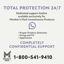 Underpads total protection 24/7 support hotline graphic with contact number.