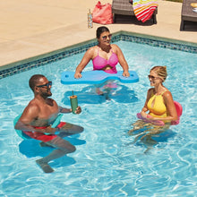 Blue floating pool saddle float with raised headrest for lounging