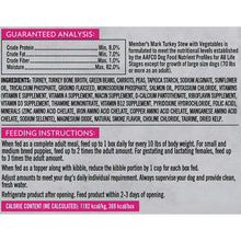 Back label of Members Mark turkey stew with vegetables wet dog food box with ingredients