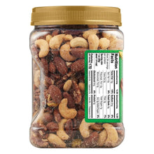 Unsalted mixed nuts jar side with Nutrition Facts label table.