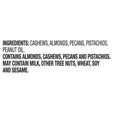 Ingredient label on unsalted mixed nuts jar listing cashews, almonds, pecans, pistachios.