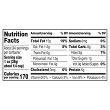 Nutrition Facts panel on unsalted mixed nuts jar, with servings and key nutrients.