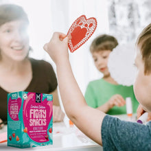 Fruit-flavored snack pouch box, teal and pink limited edition front with fruit icons